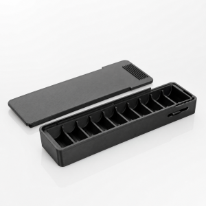 Open single-row 3D-printed Peptide Case with a row of vial slots and the lid removed