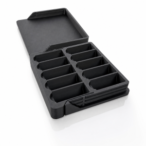 Open compact 3D-printed Peptide Case showing ten vial compartments with the lid open