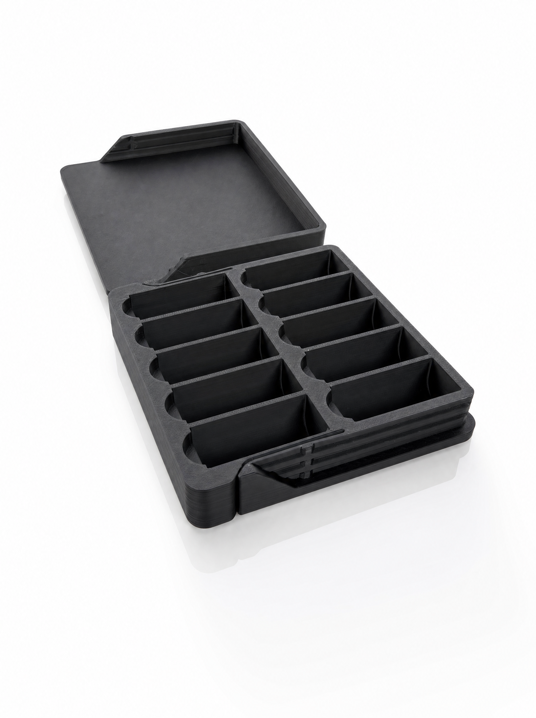 Open compact 3D-printed Peptide Case showing ten vial compartments with the lid open