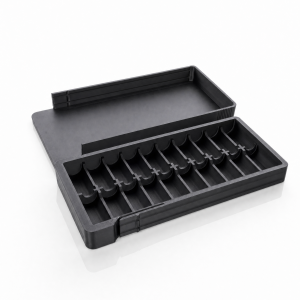 Open wide double-row 3D-printed Peptide Case with two rows of vial slots and the lid removed